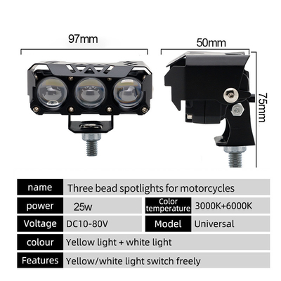 Üç Göz Küreği Motosiklet Spotlights LED Baş Fener Yakın Sarı Uzak Beyaz Yardımcı Işık