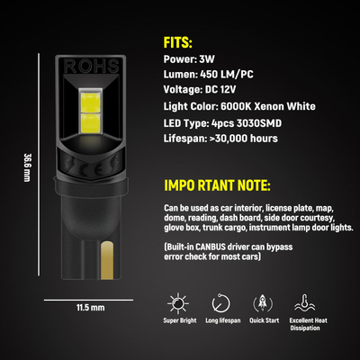 360 derece LED ampuller T10 194 168 147 W5W 3030 Araç LED iç ampuller Hata ücretsiz lisans plaka ışığı