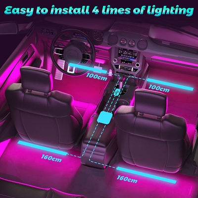 USB Bağlantı Noktası APP Kontrolü ile 4 Adet 48 Led Şerit Araba İç Atmosfer Işıkları IP65