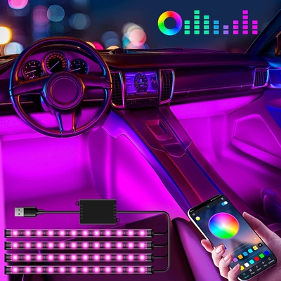USB Bağlantı Noktası APP Kontrolü ile 4 Adet 48 Led Şerit Araba İç Atmosfer Işıkları IP65